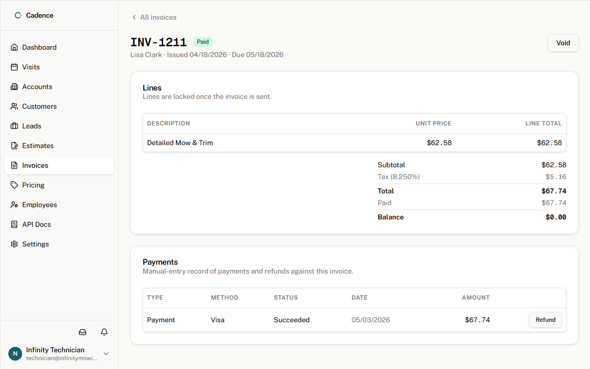Cadence invoice detail page showing line items and a recorded payment